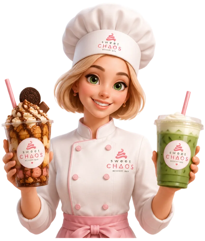 Sweet Chaos chef-mascotte met freakshake en iced matcha